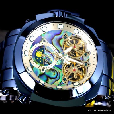 Pre-owned Invicta Man Of War Double Open Heart Automatic Moon Phase Abalone Blue Watch