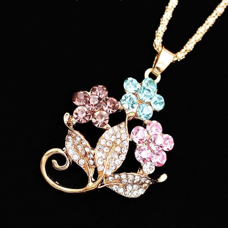 Fashion Multicolor Crystal Rhinestone Flower Leaf Pendant Sweater Chain Necklace