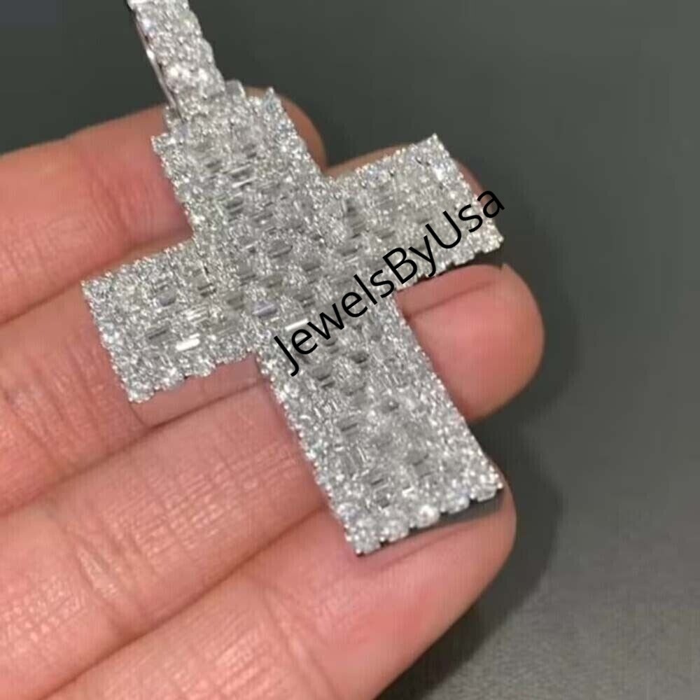 Pre-owned Nsg Men's Studded Cross Pendant 3.50ct Baguette Moissanite White Gold Plated Silver