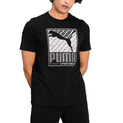 

Puma Cat Box Graphic Crew Neck Футболка с коротким рукавом Мужская черная спортивная повседневная футболка, Черный, Puma Cat Box Graphic Crew Neck Short Sleeve T-Shirt