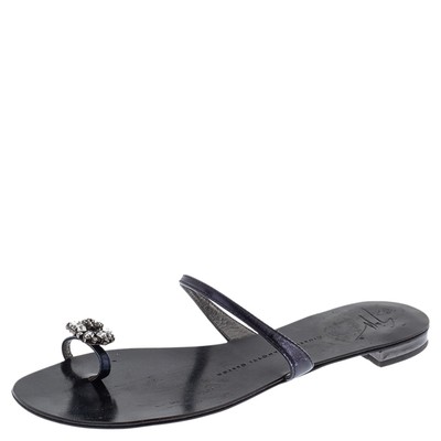 Giuseppe Zanotti Black Leather Crystal Embellished Toe Ring