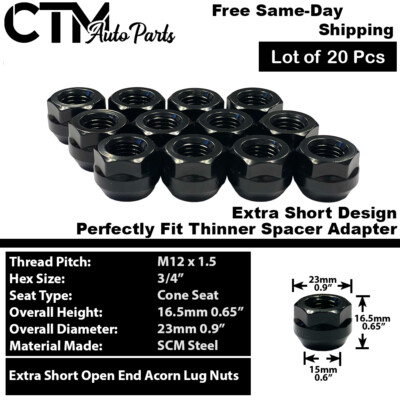 20x Black M12x1.5 Extra Short Open End Wheel Lug Nuts 3/4 Hex Fit Honda Acura