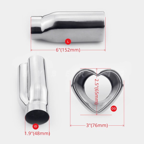 1.9" 48mm ID 6" Long Heart Shape Out Polished 304 Stainless Steel