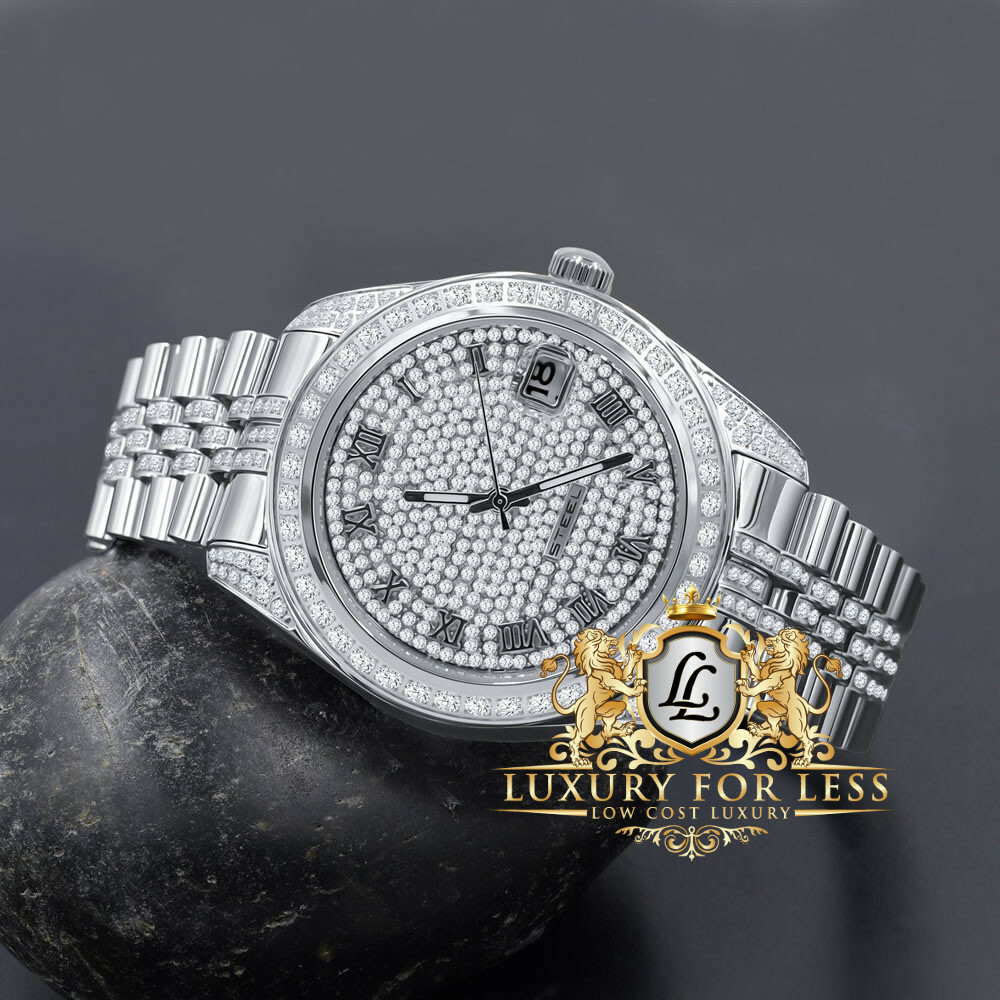 Pre-owned Bling Master Men's Full Steel 18k White Gold Finish Simulated Diamond Presidential Watch 40mm