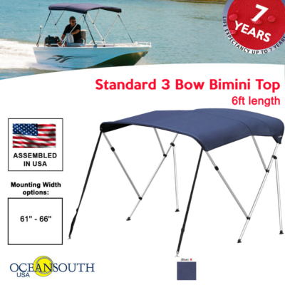 Oceansouth BIMINI TOP 3 Bow Boat Cover Blue 61"-66" Wide 6ft Long W/ Rear Poles