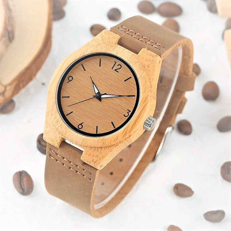 Modische Holzuhr Mit BambusgehÃ¤Use Und Echtem Lederarmband