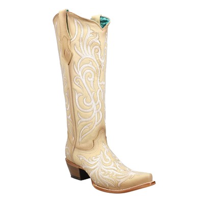 Pre-owned Corral Boots Embroidered Tall Snip Toe Cowboy Womens Beige Casual Boots Z5309