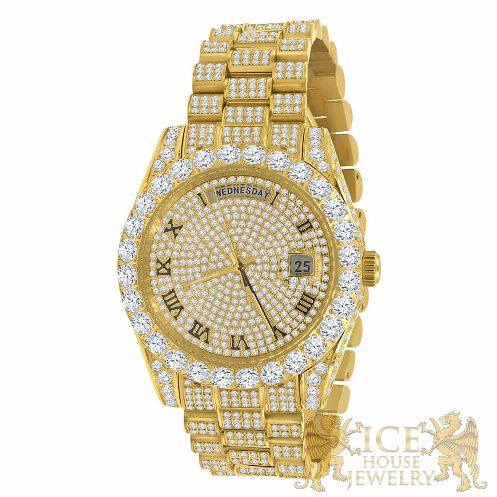 Pre-owned Bling Master Solid Stainless Steel Solitaire Roman Dial 18k Yellow Gold Day & Date Men's 40mm