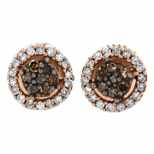 Pre-owned Jfl Diamonds & Timepieces 10k Rose Gold Brown Diamond Flower Studs Halo Cluster 7mm Earrings 0.25 Ct. In White