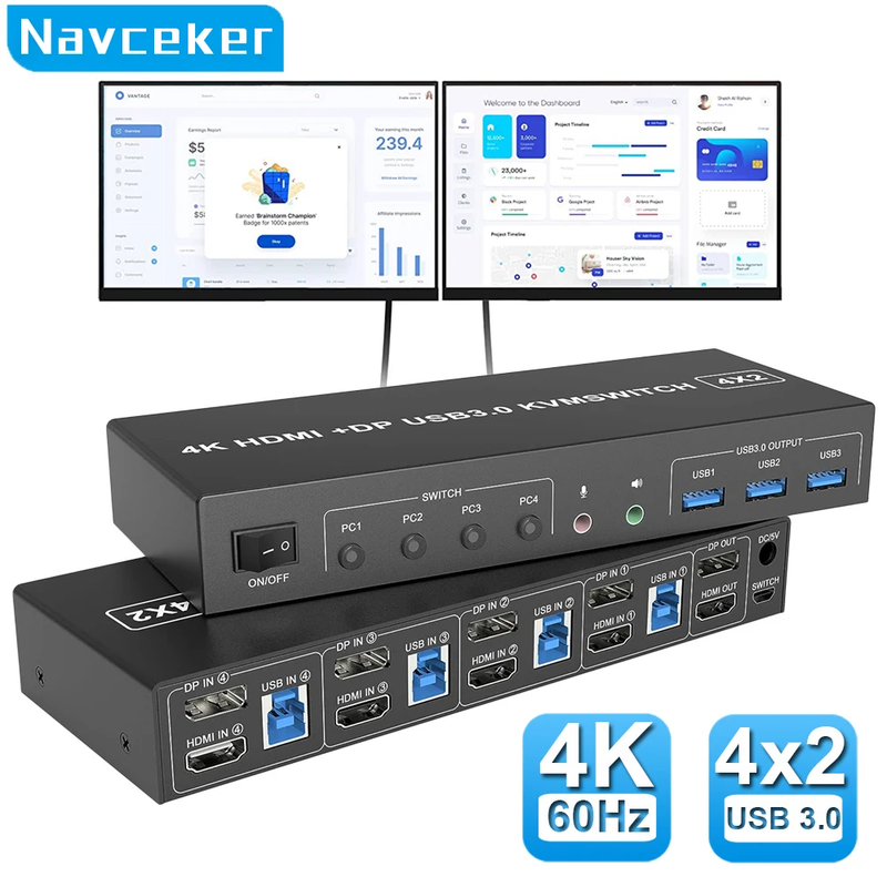 4 Port HDMI KVM USB 3.0 Switch 4X2 Dual Monitor 4K@60Hz Extended Display DP KVM