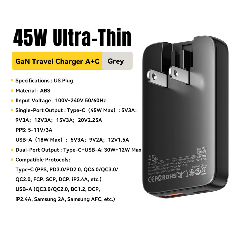45W GaN Charger Ultra Thin PD QC 3.0 Fast Chargers For iPhone 16 15 14 Pro Max T