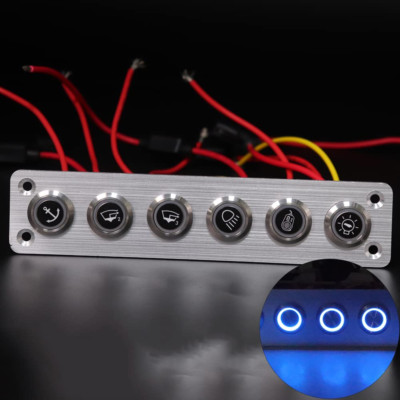 6 Gang Aluminum Marine Rocker Switch Panel - Pre-Wired with Blue LED Indicator, 