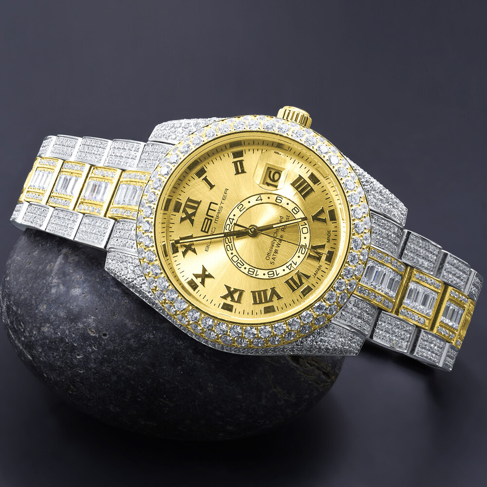 Pre-owned Bling Master Mens Full Stainless Steel 2 Tone Gold Finish Simulated Diamond Watch 42mm W/date