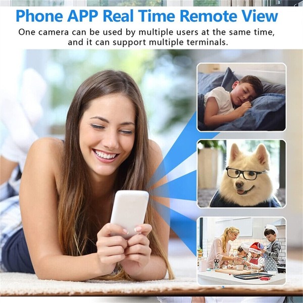 Woman using phone app for real-time remote surveillance.