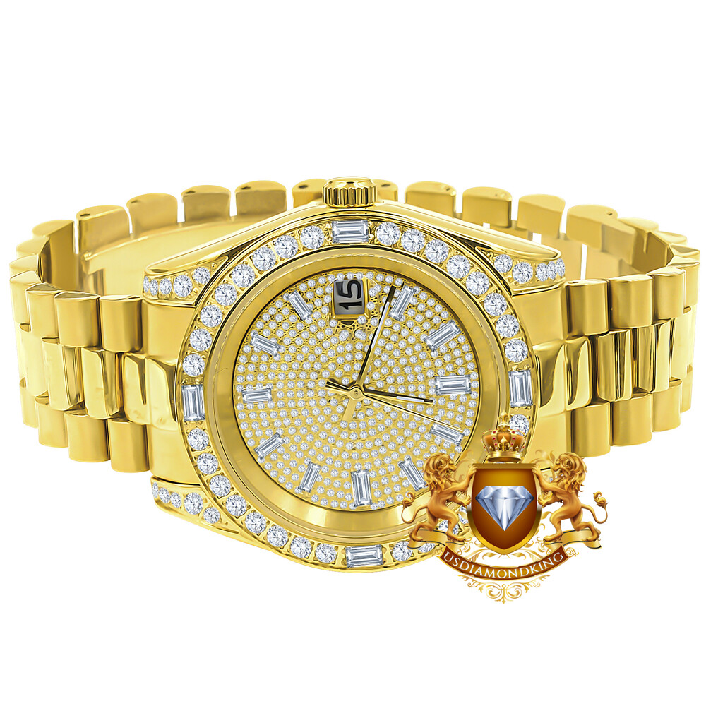 Pre-owned Bling Master 18k Yellow Gold Tone Solid Steel Baguette Simulated Diamond President Watch 40mm