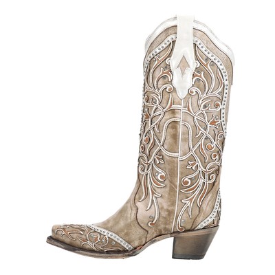 Pre-owned Corral Boots Studded Tooledinlay Snip Toe Cowboy Womens Beige Dress Boots A3837