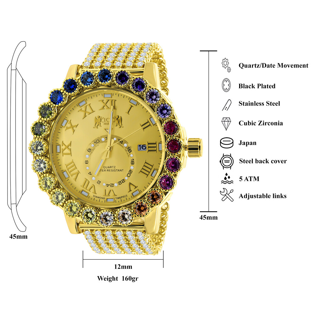Pre-owned Ice House Rainbow Gold Multi Tone Prong Set Custom Time Piece Men's Custom Watch Xl 55mm