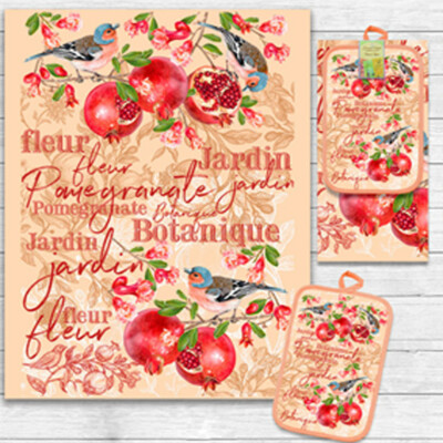 Pomegranate KITCHEN TOWEL AND POTHOLDER SET, COTTON/LINEN BLEND,RUSSIAN MADE