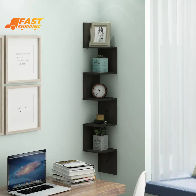 48.8 In. Espresso Wood 5-Shelf Corner Bookcase with Storage