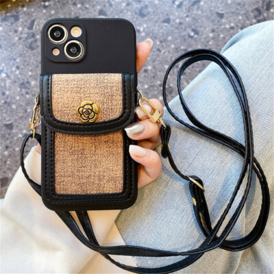 Crossbody Camellia Flower Card Wallet Case Phone Cover For iPhone Samsung Huawei
