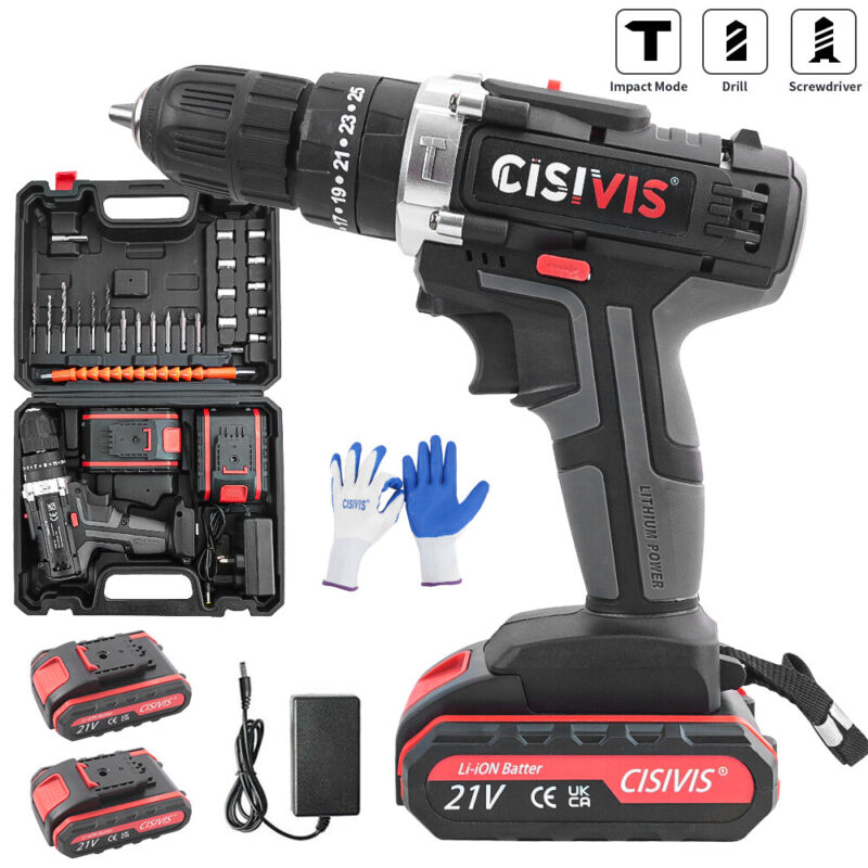 3-In-1 21v Cordless Hammer Drill Set Electric Impact Combi Drill 2x2.0ah Battery