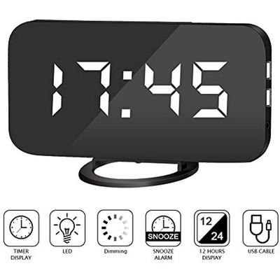 LED Digital Alarm Clock With Dual USB Ports Contemporary Desk Automatic Dimming