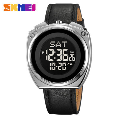 SKMEI Men Digital Watch Leather Wristwatch LED Light Countdown Watches for Boys