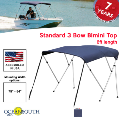 Oceansouth BIMINI TOP 3 Bow Boat Cover Blue 79"-84" Wide 6ft Long W/ Rear Poles