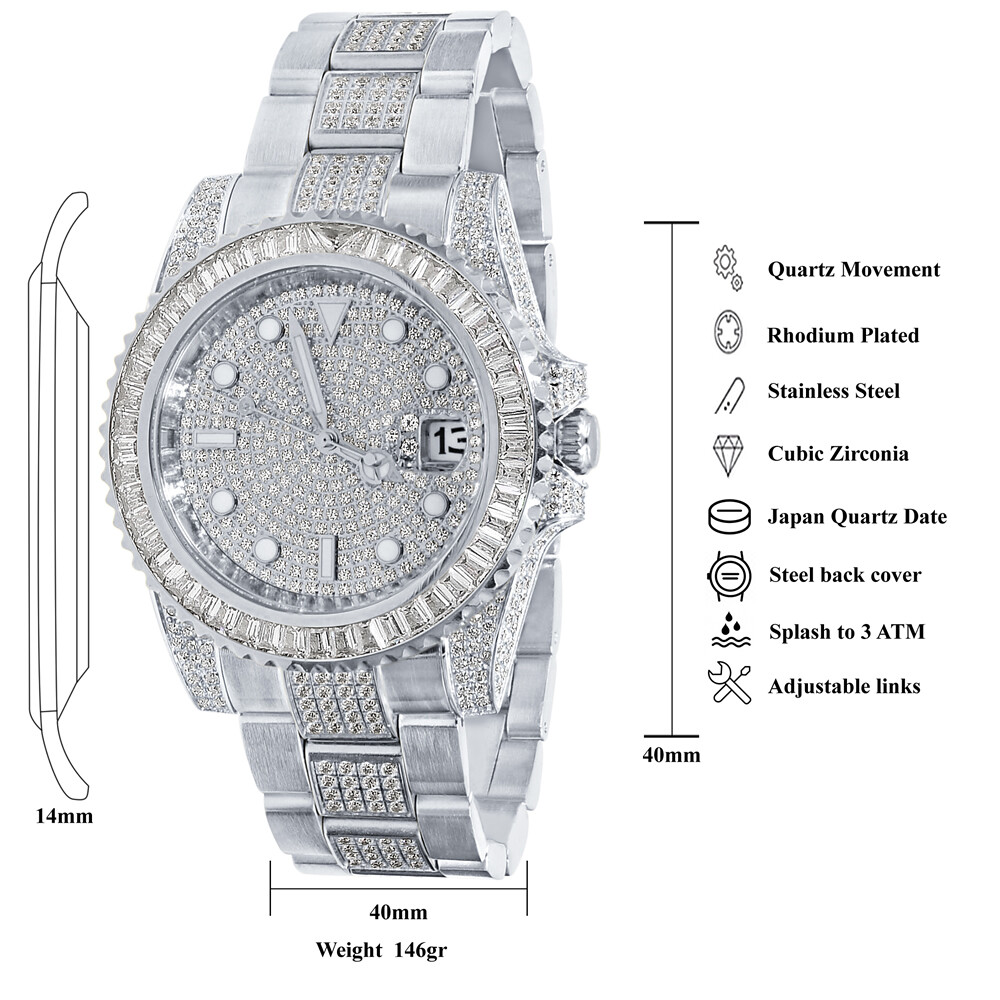 Pre-owned Bling Master 18k Solid Steel White Gold Baguette Simulated Diamonds W/date 40 Mm Men's Watch
