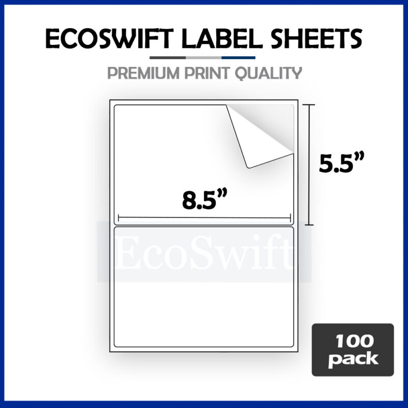 200 Premium 8.5 X 5.5 Half Sheet Shipping Labels Self Adhesive - Ecoswift Brand