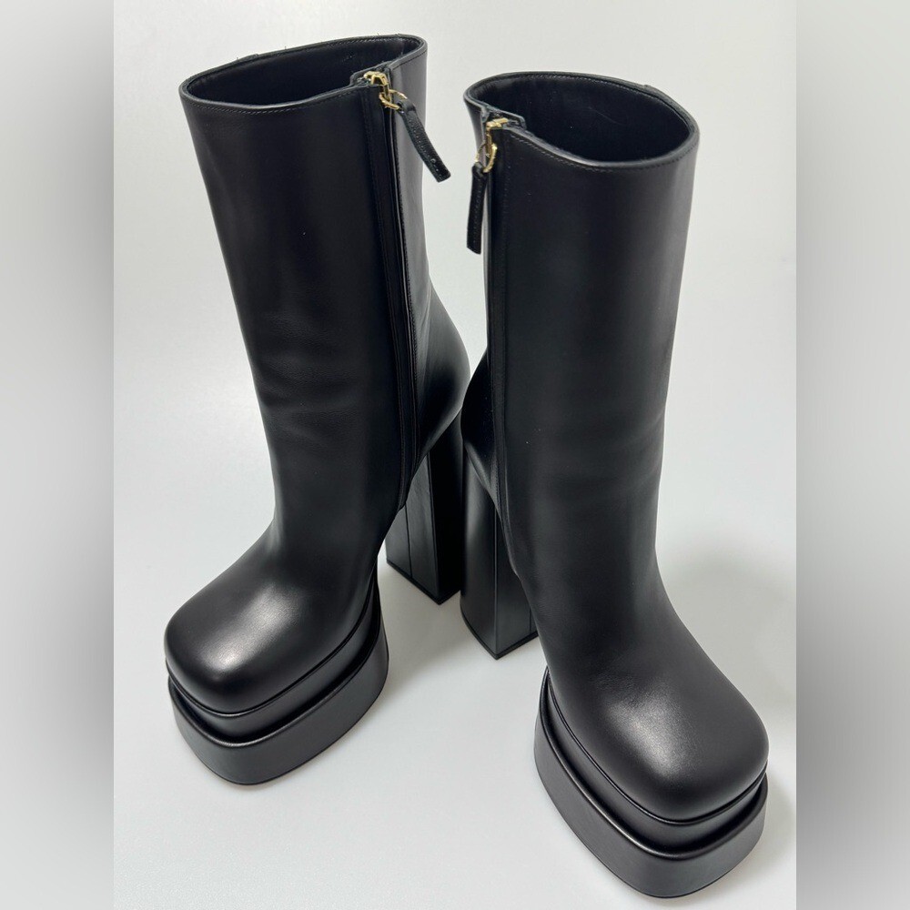 versace ブーツ Versace Men's Black 100% Leather Logo Print Chelsea Motorcycle