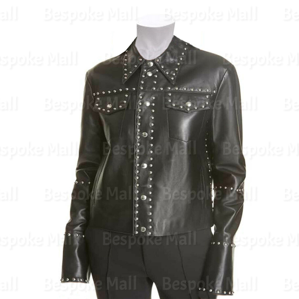 Pre-owned Handmade Woman Punk Black Studded Button Up Cowhide Biker Leather Jacket-379
