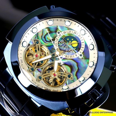 Pre-owned Invicta Man Of War Double Open Heart Automatic Moon Phase Abalone Blue Watch