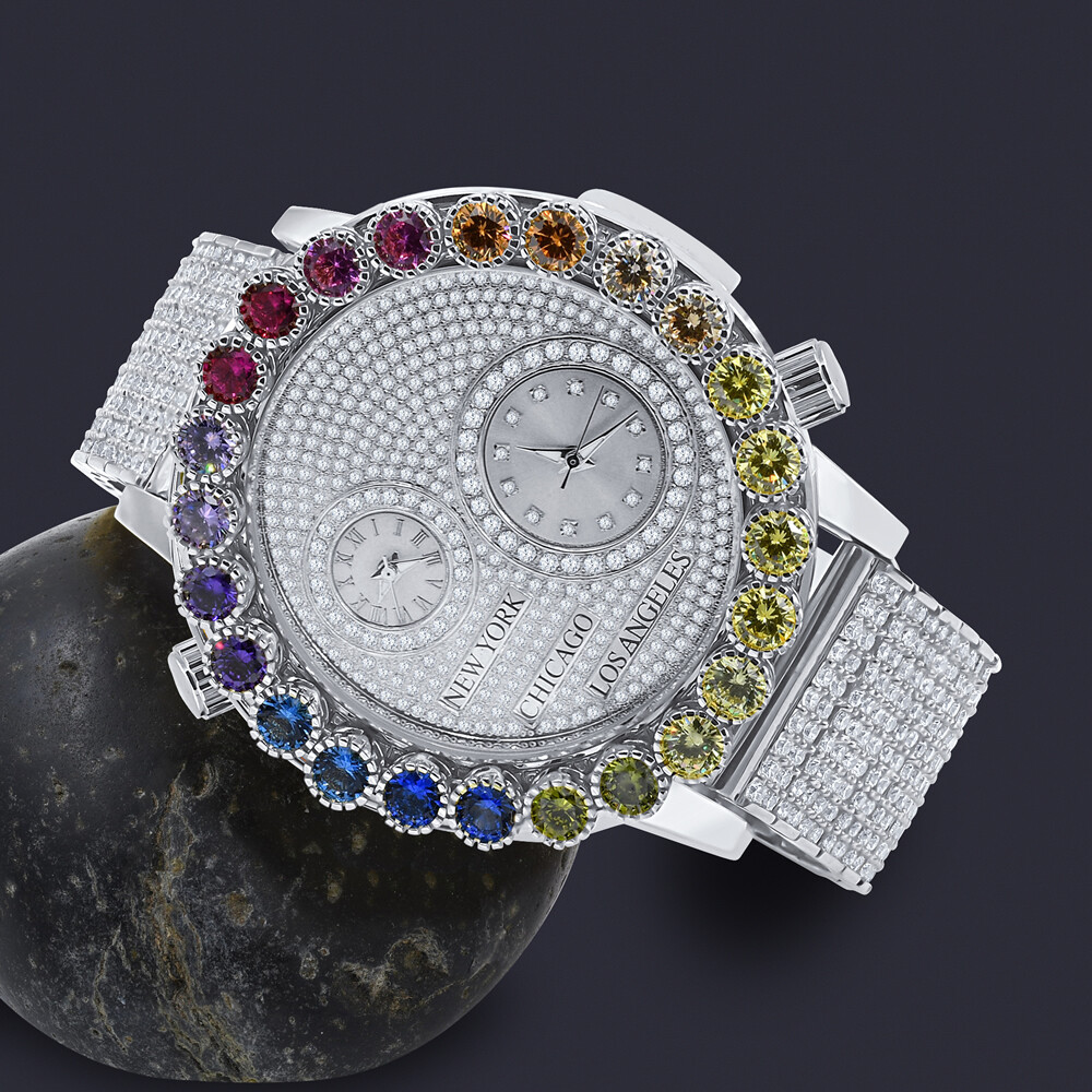 Pre-owned Ice Master Real Diamond Men White Gold 2 Time Zone Prong Set Dial Rainbow Chronograph Watch