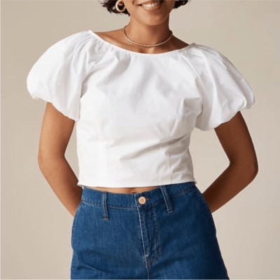 NWT J. Crew Inez Fitted puff-sleeve top in white size 6, 10, 12 available
