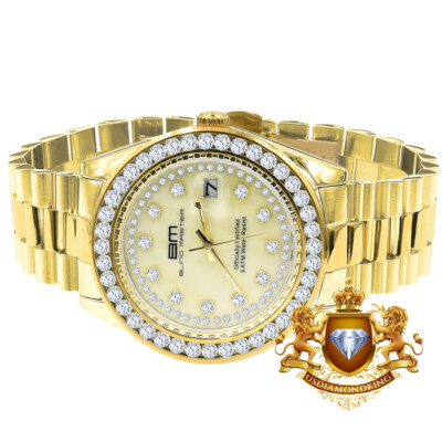 Pre-owned Usdiamondking Mens Stainless Steel Solitaire 18k Yellow Gold Tone Simulated Diamond 41mm Watch
