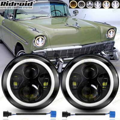 Pair 7'' Inch LED Headlights w/ Halo Angel Eyes DRL for Chevy Bel Air 1955-1957