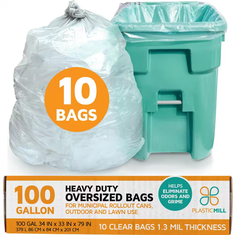 Clear Trash Bags 100 Gallon Heavy Duty 1.3 Mil 67x79 Large Can Liners 10 Count