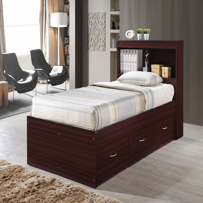 Storage Bed Frame 3-Drawer Twin Size Wood With Headboard Bookcase Mahogany