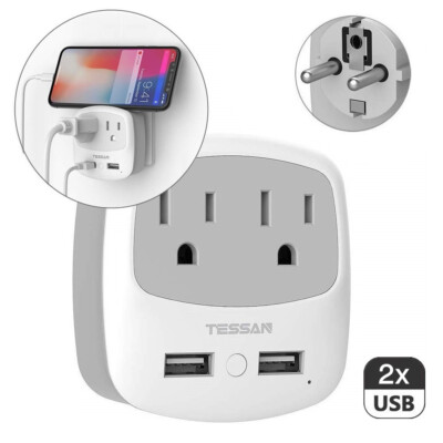 Schuko Power Plug with 2 USB Port 2 Electrical Outlet for US to Iceland Norway