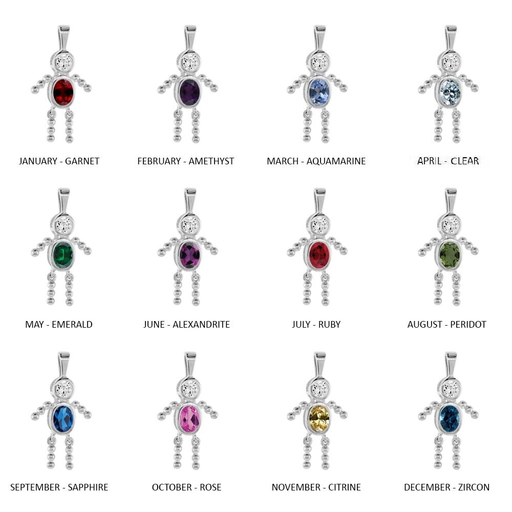 Sterling Silver Birthstone Baby Boy Pendant Charm w/ Clear and Colored CZ Stones