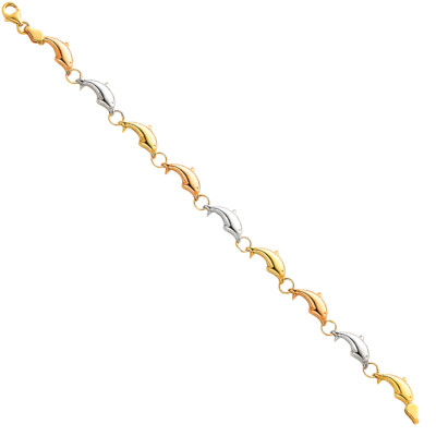 Pre-owned Wellingsale 14k Tri Color Gold Dolphin Bracelet - 7.25"