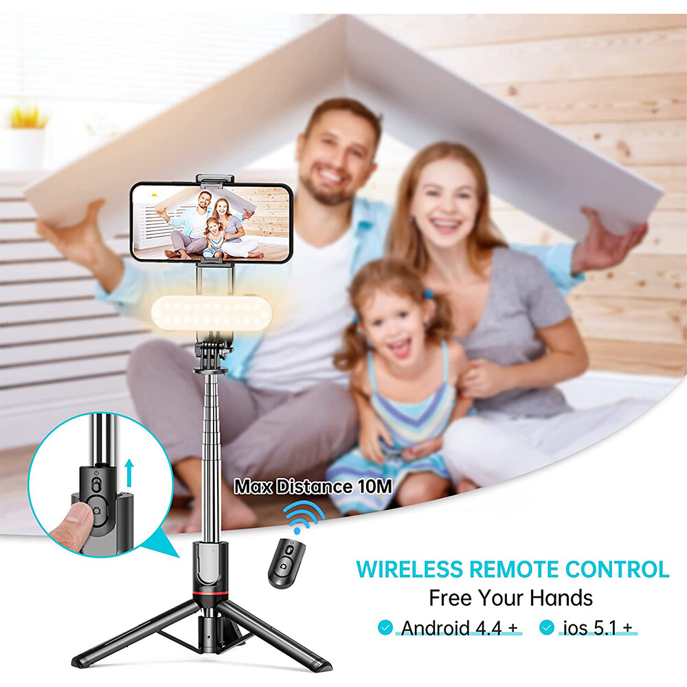 Remote Selfie Stick Tripod Phone Desktop Stand Desk Holder W/ 3-Color Fill Light