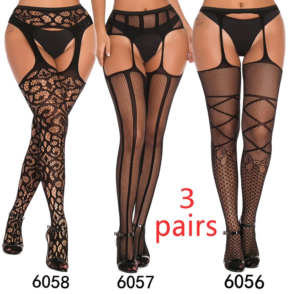3 Pairs Sexy Stockings Lace Thigh High Stockings With garter belt Pantyhose