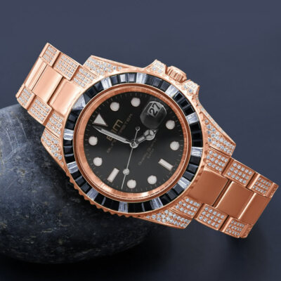Pre-owned Bling Master Full Stainless Steel 18k Rose Gold Finish Simulated Diamond Mens President Watch