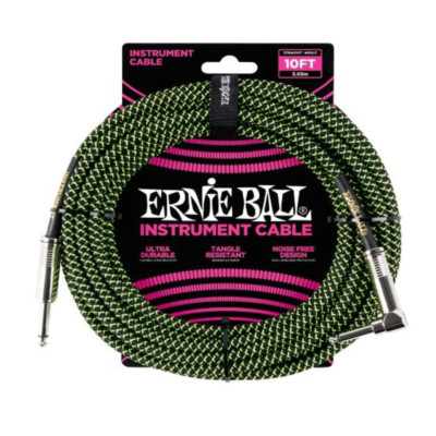 Ernie Ball 10' Braided Guitar Instrument Cable Straight Angle Green Black 6077