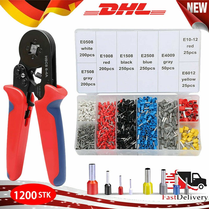 1200-teilig Set Crimpzange 0,25-10mm² Aderendhülsenzange Kabelschuhe Presszange