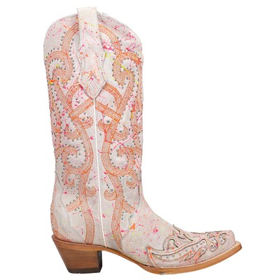 Pre-owned Corral Boots Fluorescent Embroidery Tooledinlay Studded Snip Toe Cowboy Womens In White