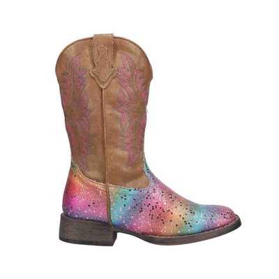 Ковбойские ботинки Roper Rainbow Glitter с квадратным носком для маленьких девочек коричневого цвета, повседневные ботинки Multi