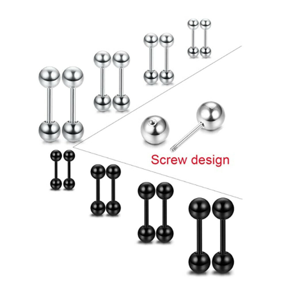 2Pcs Stainless Steel Stud Earrings Round Ball Screw Back Ear Piercing Women Men